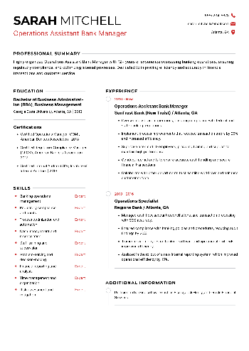 Operations Assistant Bank Manager Resume