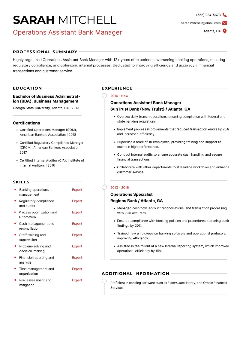 Operations Assistant Bank Manager Resume Operations Assistant Bank Manager Resume