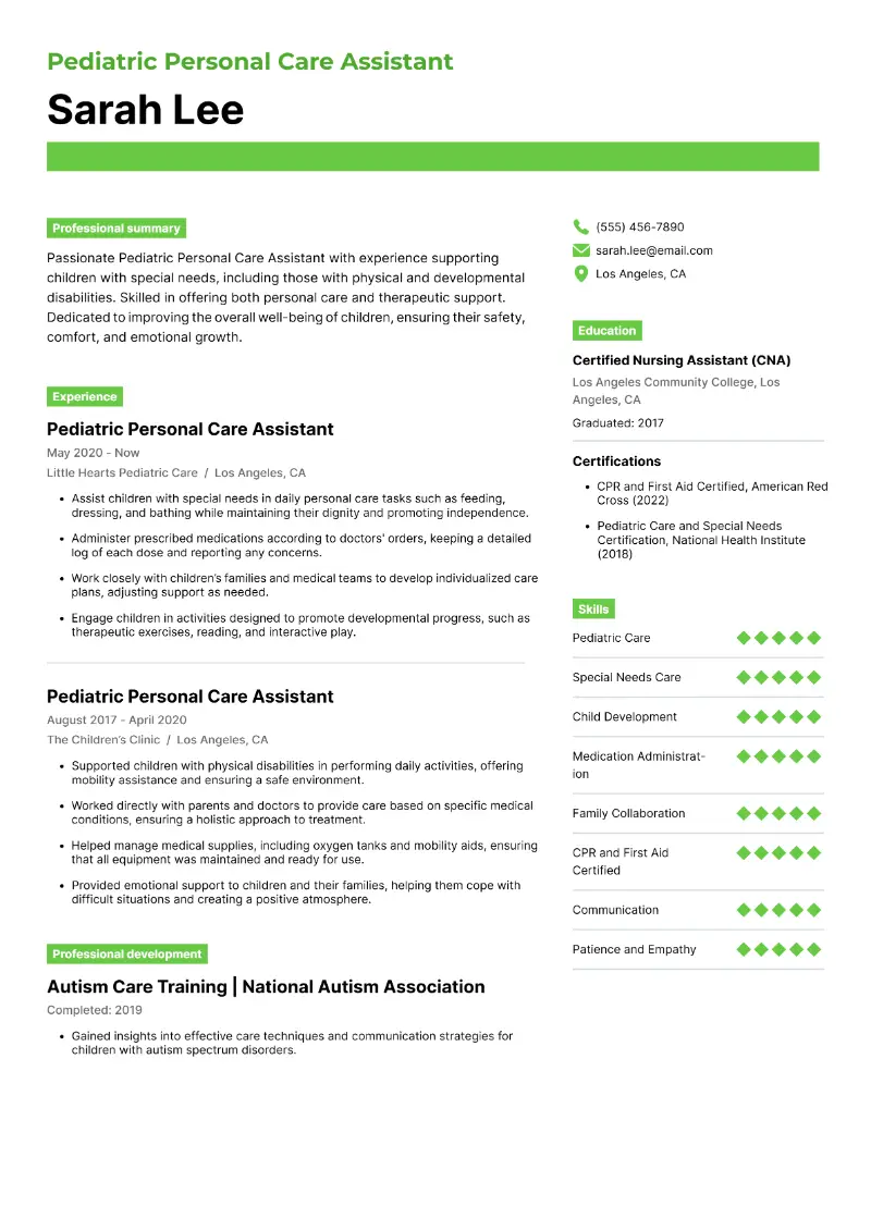 Pediatric Personal Care Assistant Resume Pediatric Personal Care Assistant Resume