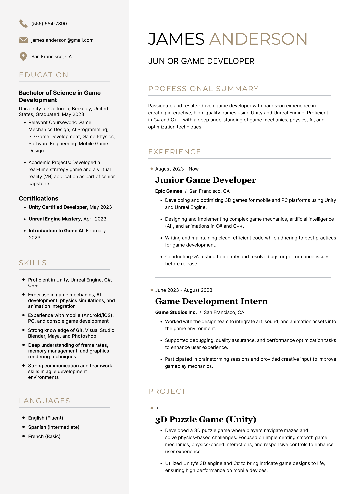 Junior Game Developer  Resume
