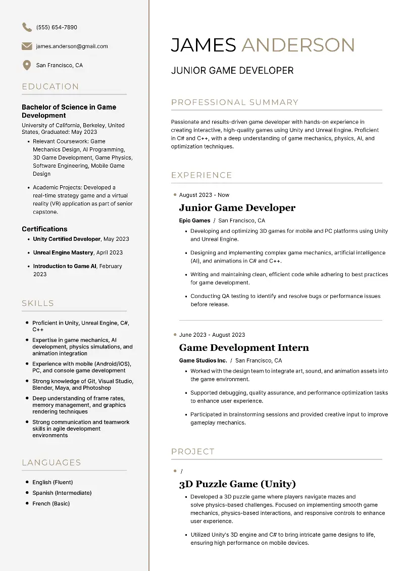 Junior Game Developer  Resume Junior Game Developer  Resume