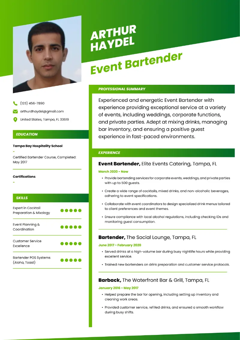 Event Bartender Resume