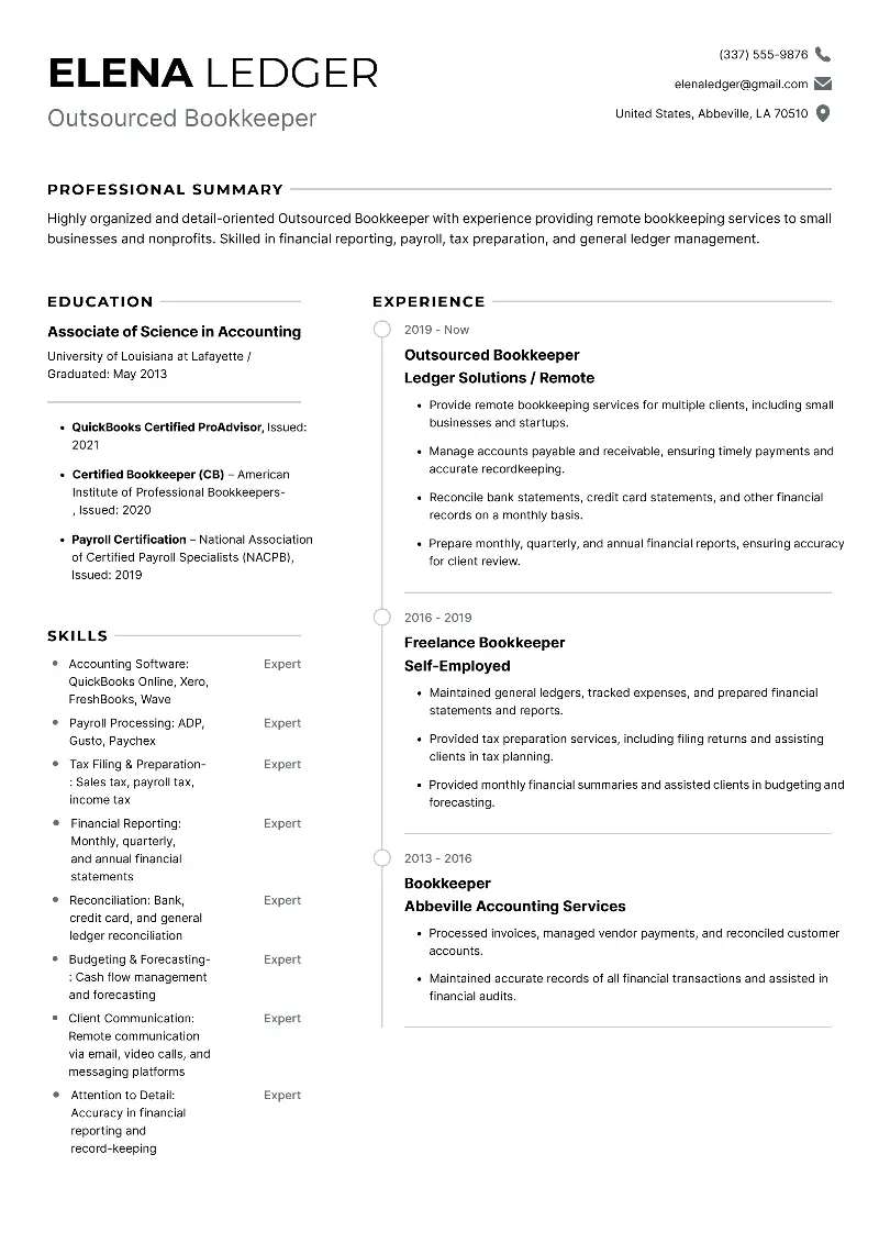 Outsourced Bookkeeper Resume