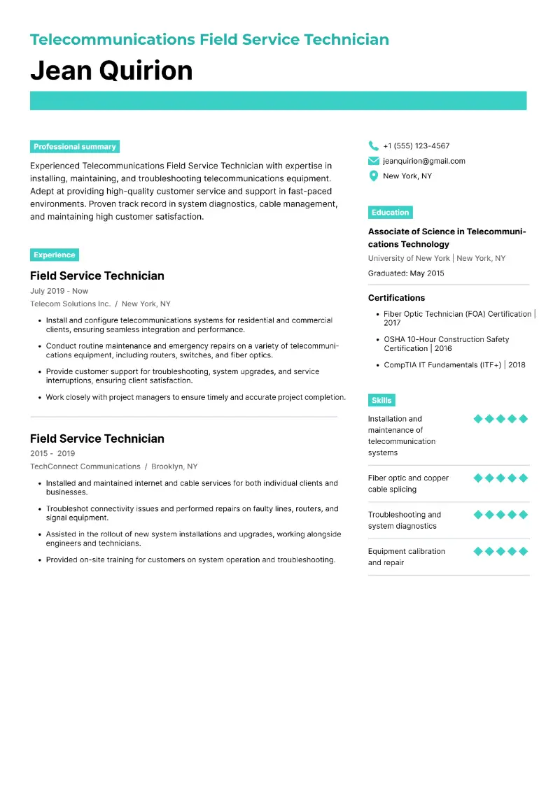 Telecommunications Field Service Technician Resume Telecommunications Field Service Technician Resume