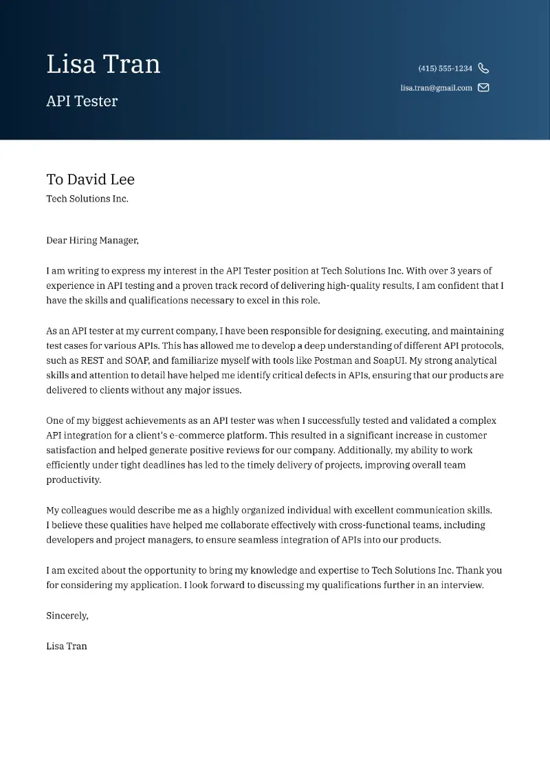 API Tester Cover Letter API Tester Cover Letter