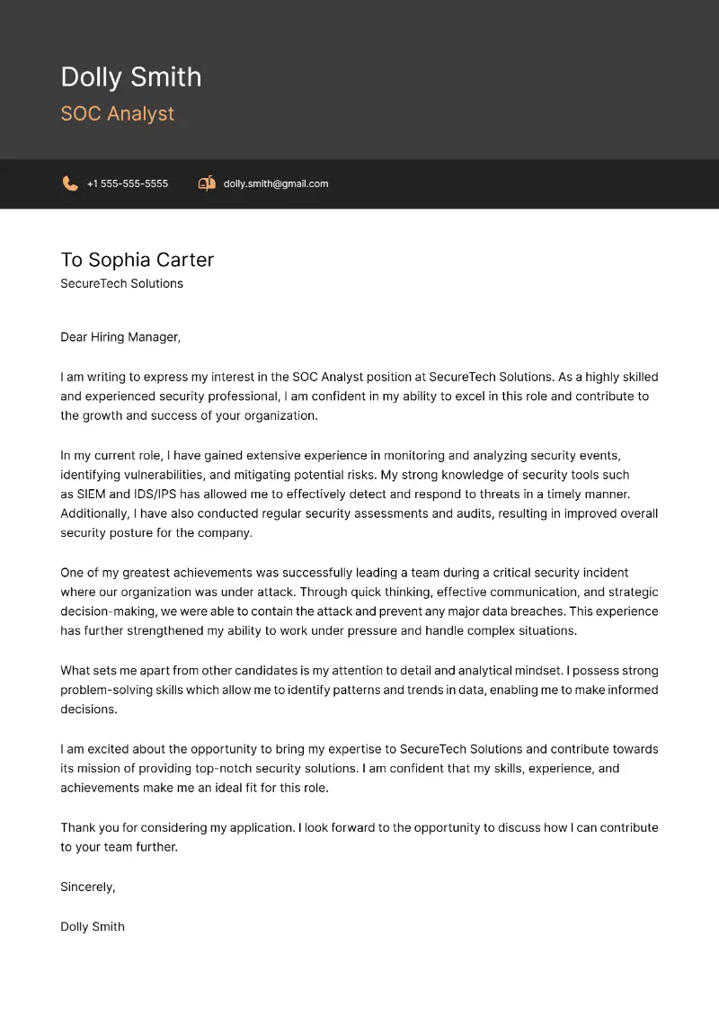 SOC Analyst  Cover Letter