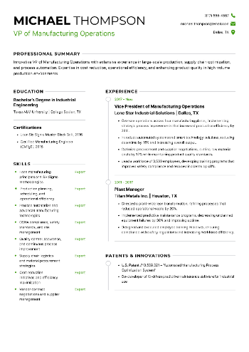 VP of Manufacturing Operations Resume VP of Manufacturing Operations Resume