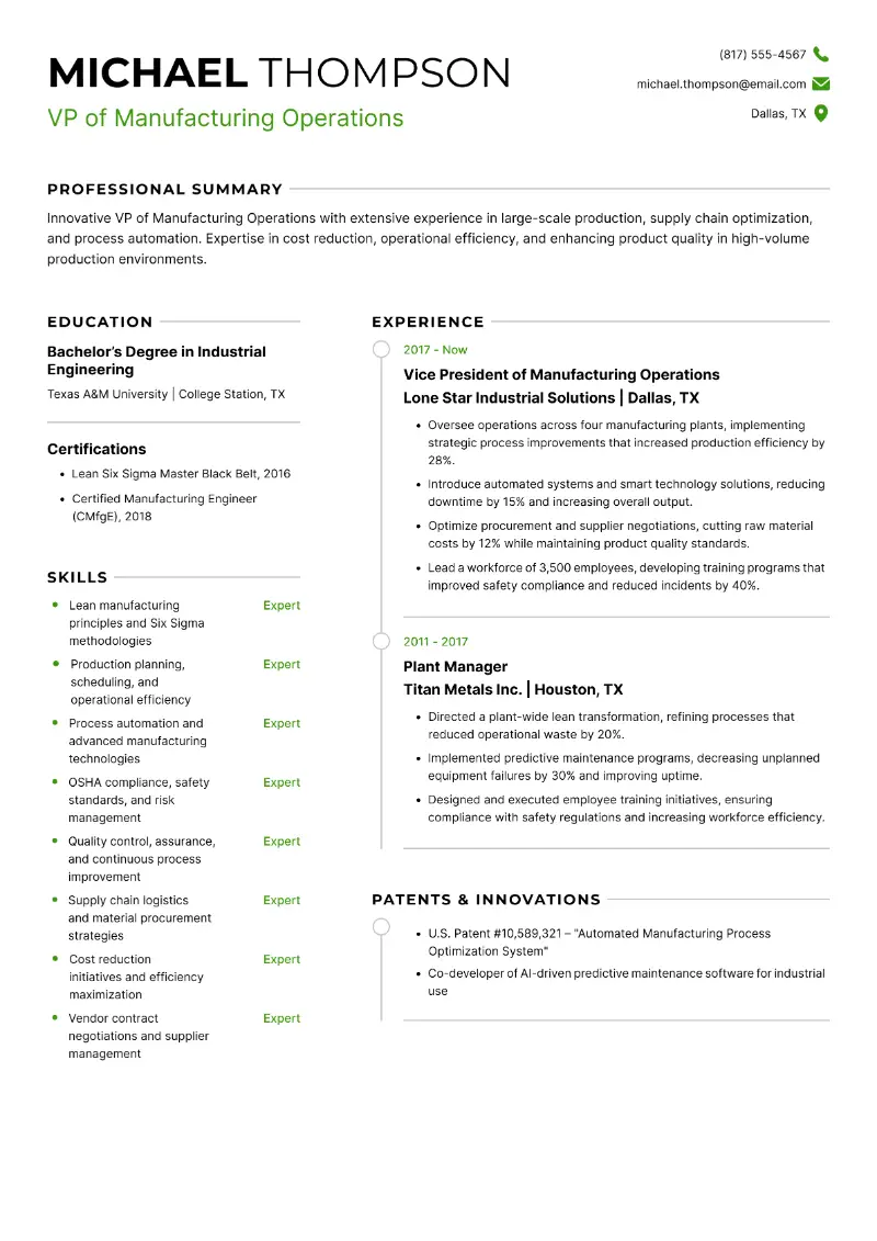 VP of Manufacturing Operations Resume VP of Manufacturing Operations Resume