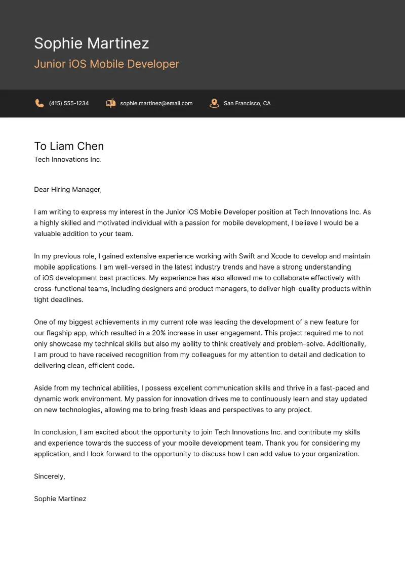 Junior iOS Mobile Developer Cover Letter Junior iOS Mobile Developer Cover Letter