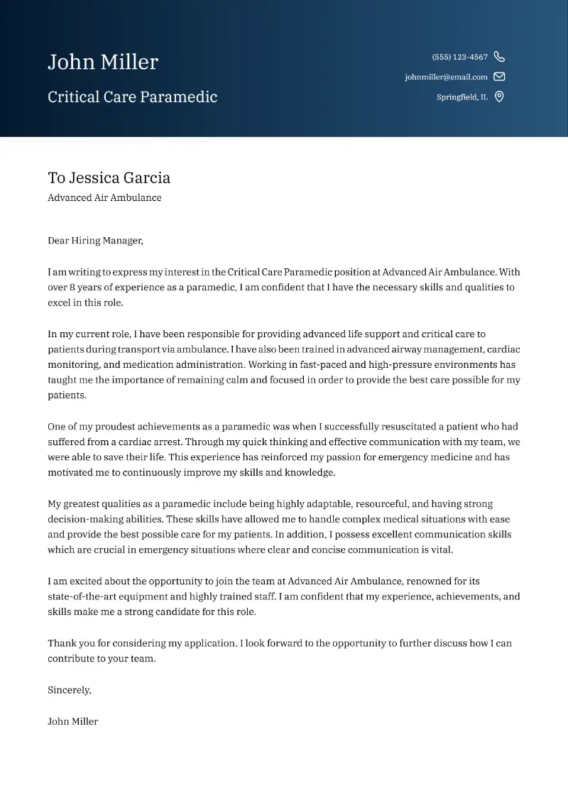 Critical Care Paramedic Cover Letter Critical Care Paramedic Cover Letter