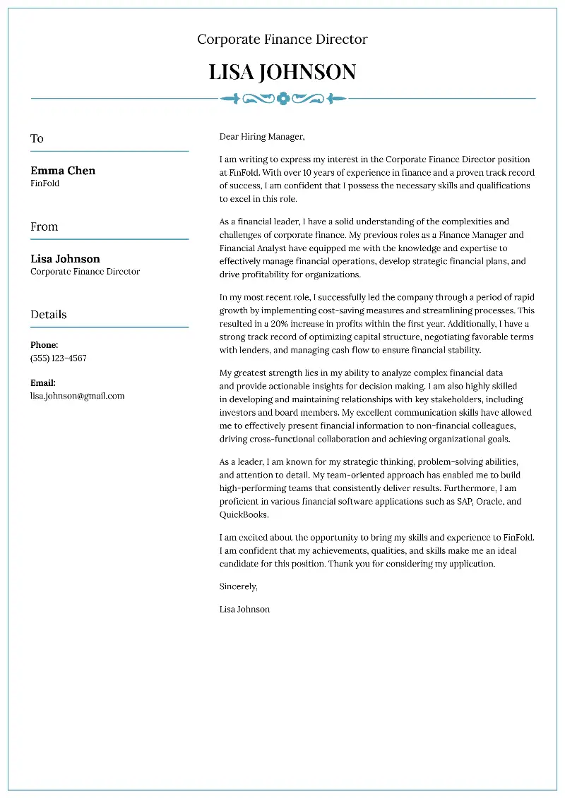 Corporate Finance Director Cover Letter Corporate Finance Director Cover Letter