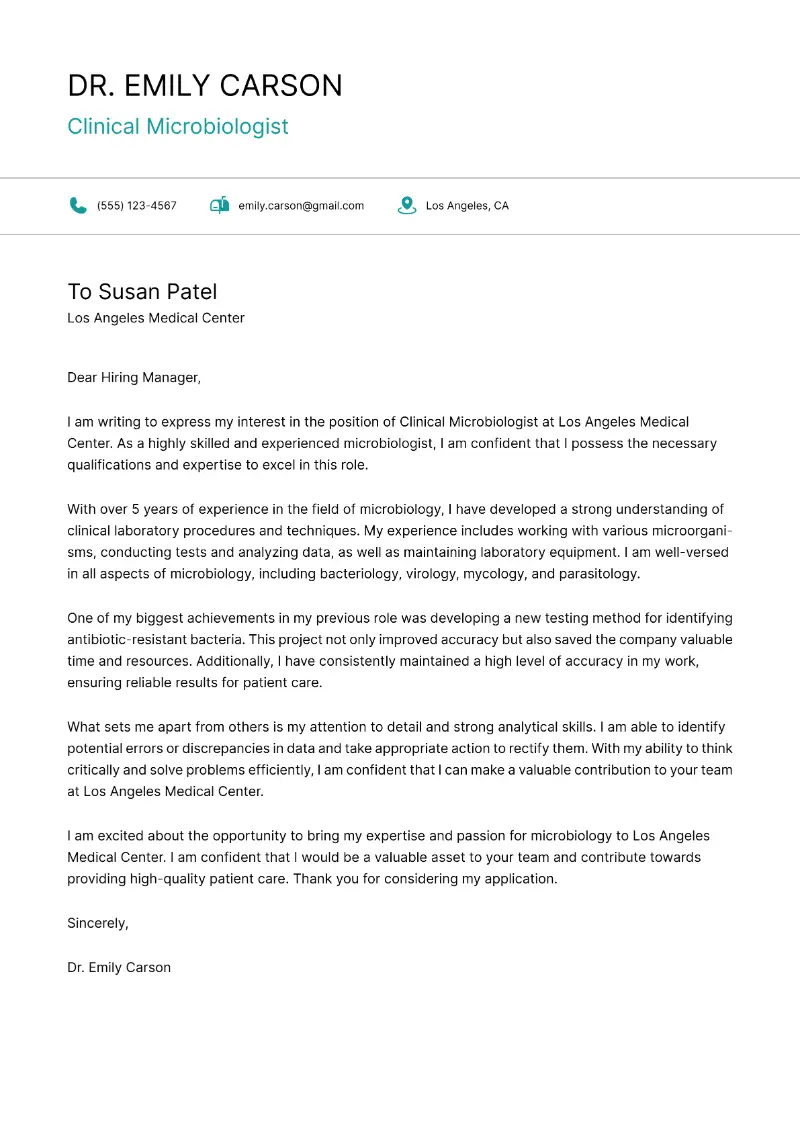 Clinical Microbiologist Cover Letter