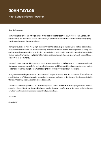 High School History Teacher Cover Letter