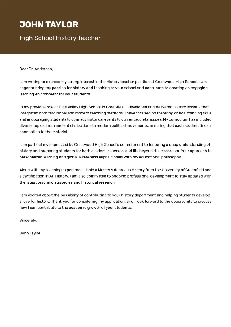 High School History Teacher Cover Letter High School History Teacher Cover Letter