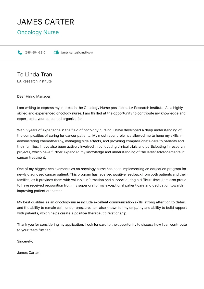 Oncology Nurse Cover Letter Oncology Nurse Cover Letter
