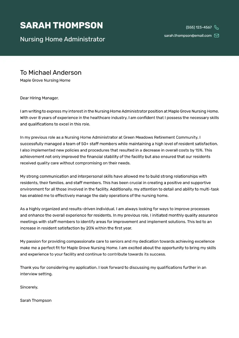 Nursing Home Administrator Cover Letter Nursing Home Administrator Cover Letter