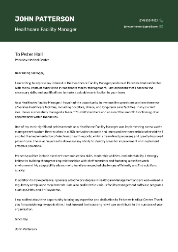 Healthcare Facility Manager Cover Letter Example