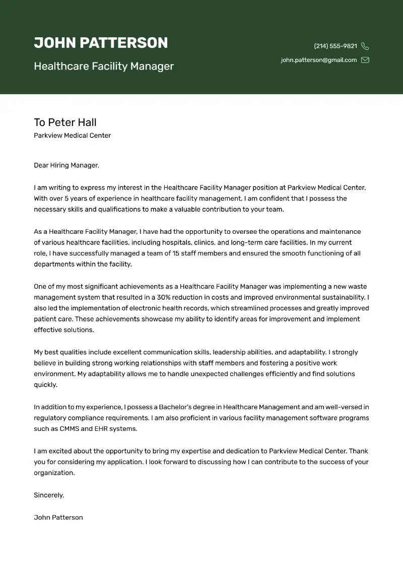 Healthcare Facility Manager Cover Letter