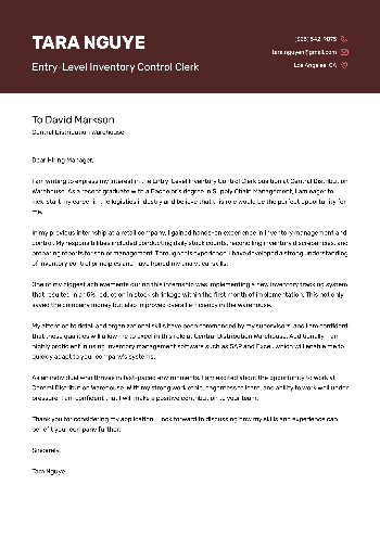 Entry-Level Inventory Control Clerk Cover Letter Entry-Level Inventory Control Clerk Cover Letter