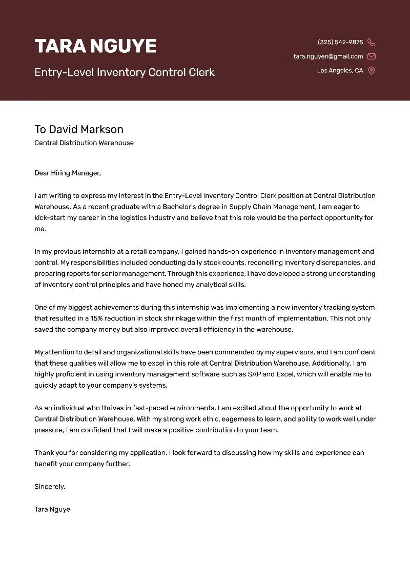 Entry-Level Inventory Control Clerk Cover Letter Entry-Level Inventory Control Clerk Cover Letter