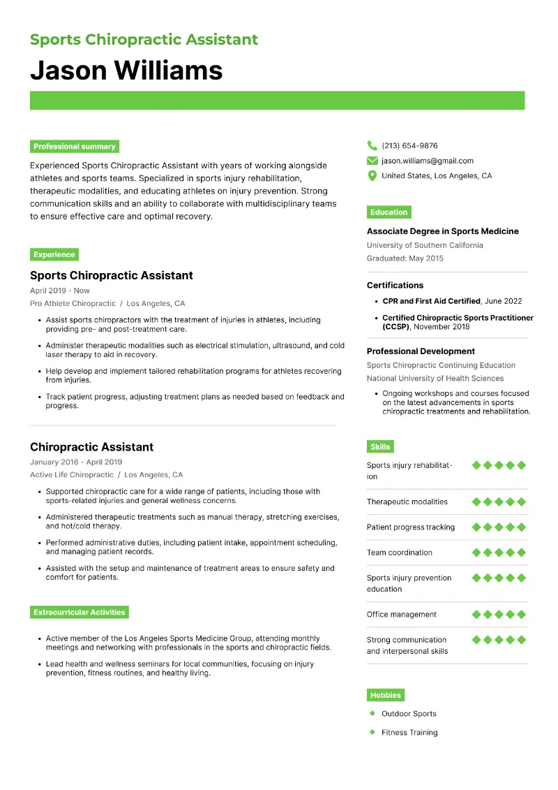 Sports Chiropractic Assistant Resume