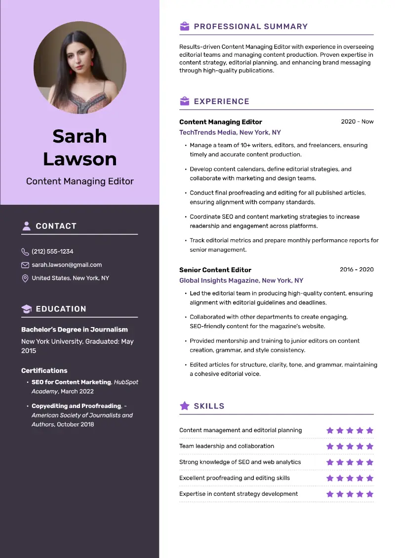 Managing Editor Resume Examples and Samples for 2025