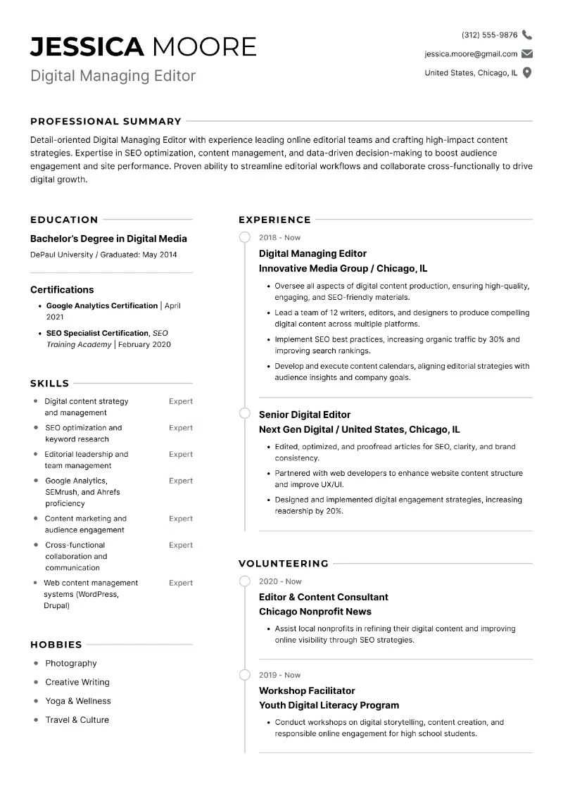 Digital Managing Editor Resume