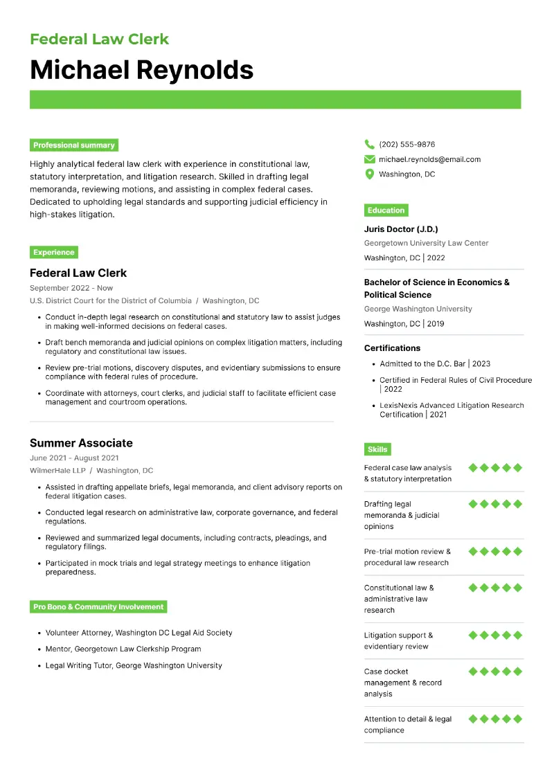 Federal Law Clerk Resume