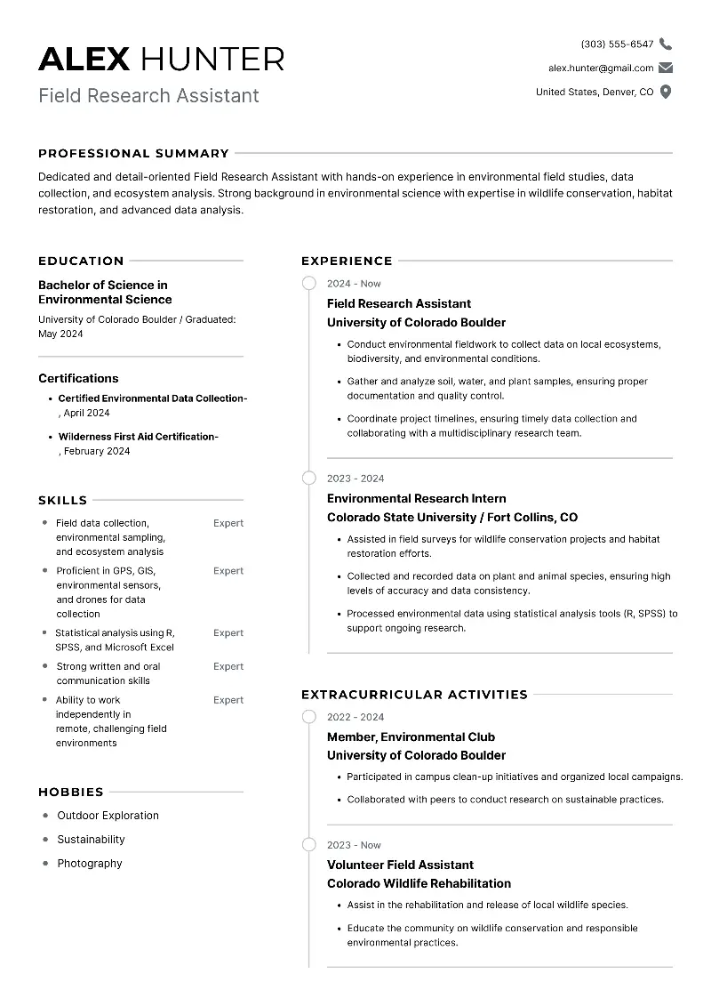 Field Research Assistant Resume