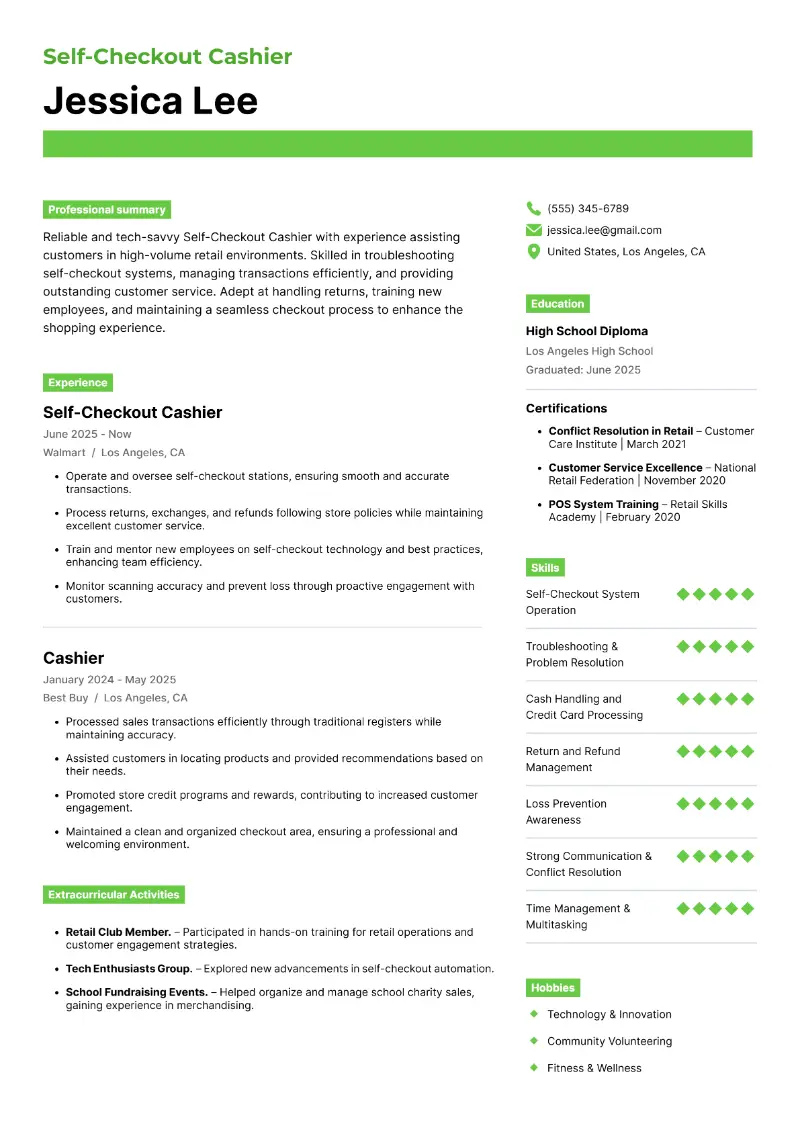 Self-Checkout Cashier Resume