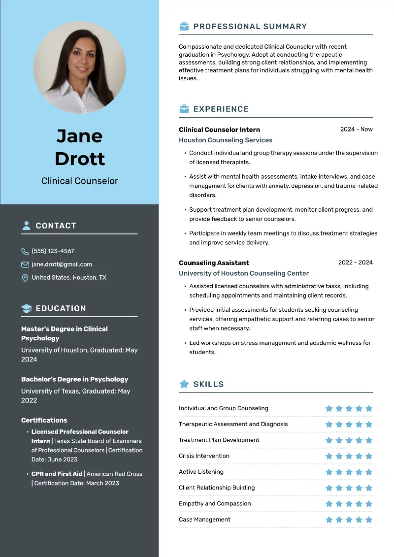 Entry-Level Counselor Resume Examples for 2025