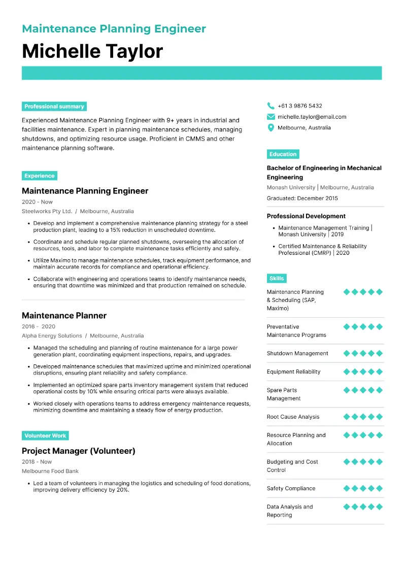 Maintenance Planning Engineer Resume