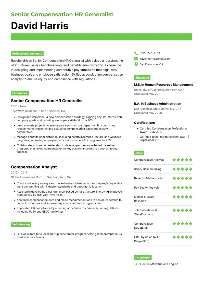 Senior Compensation HR Generalist Resume