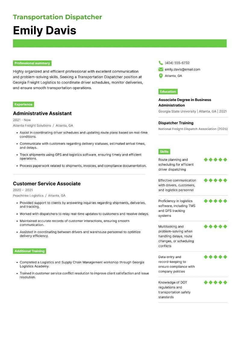 Transportation Dispatcher Resume