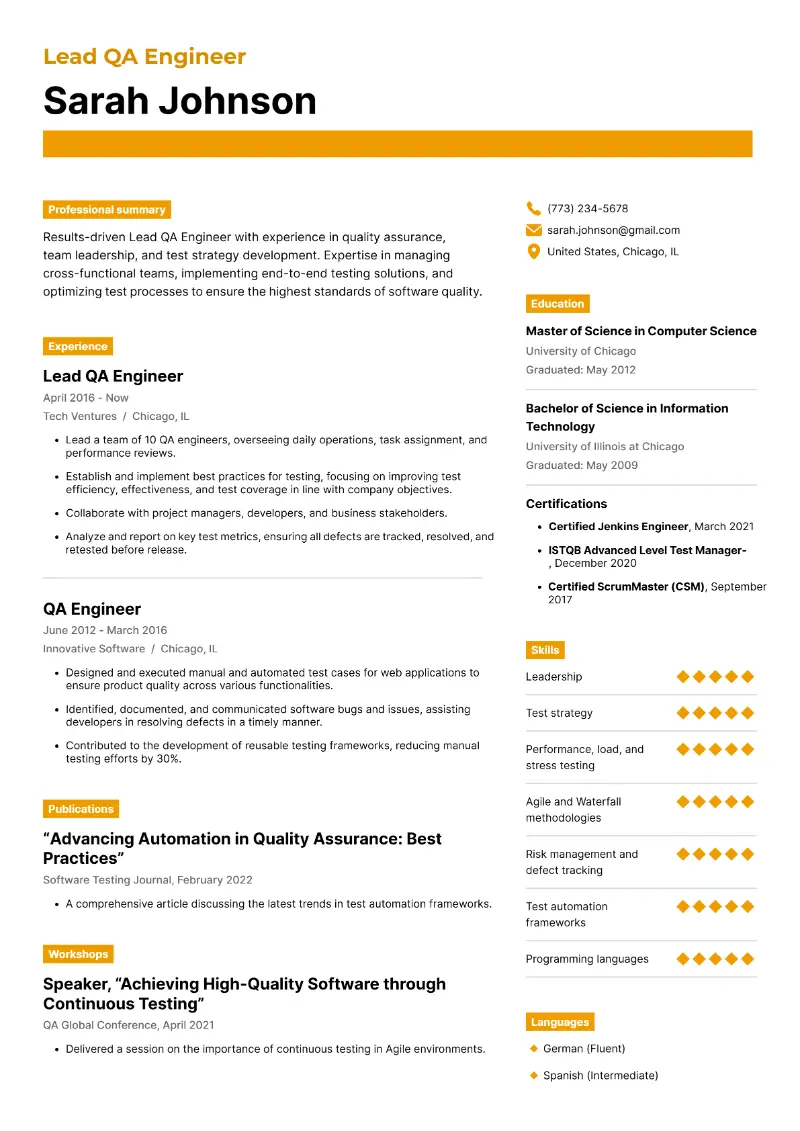 Lead QA Engineer Resume