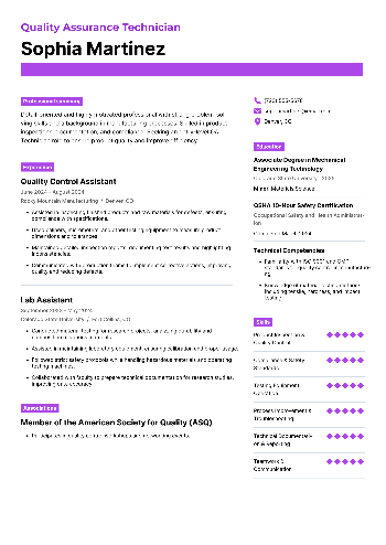 Quality Assurance Technician Resume