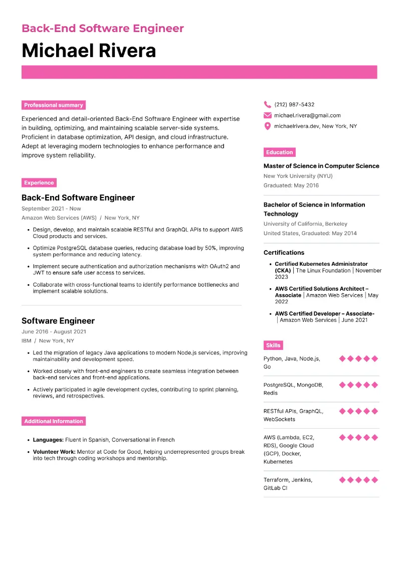 Back-End Software Engineer Resume