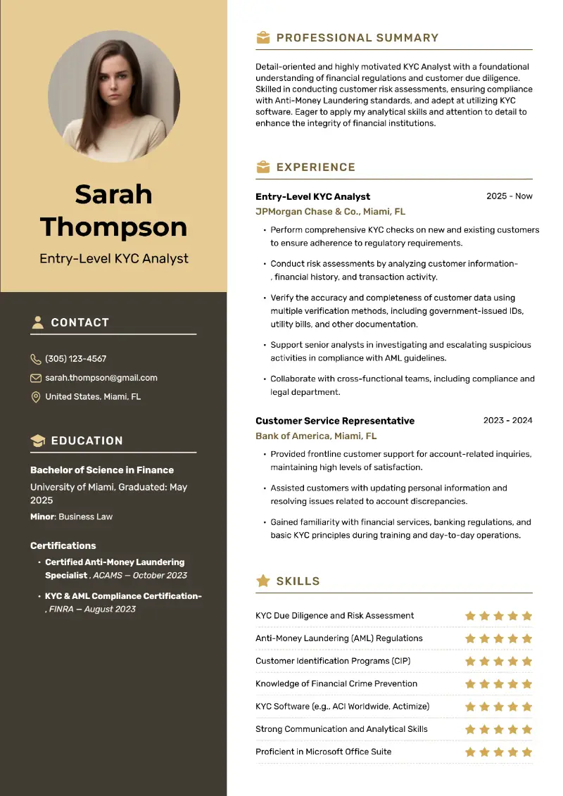 Entry-Level KYC Analyst Resume Examples for 2025