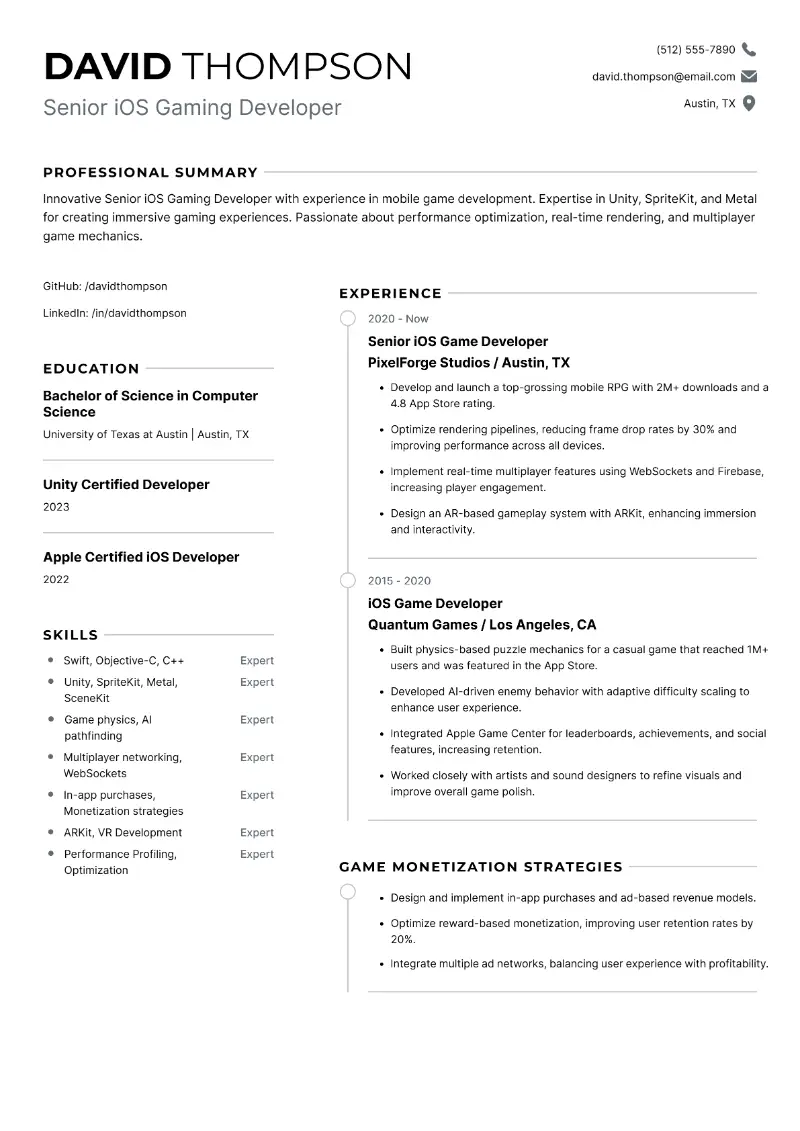 Senior iOS Gaming Developer Resume Senior iOS Gaming Developer Resume