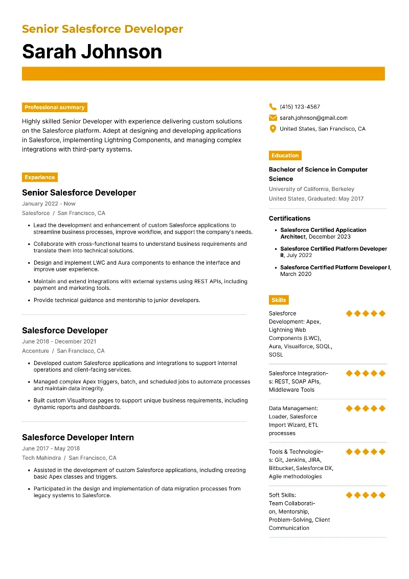 Senior Salesforce Developer Resume Examples & Guide