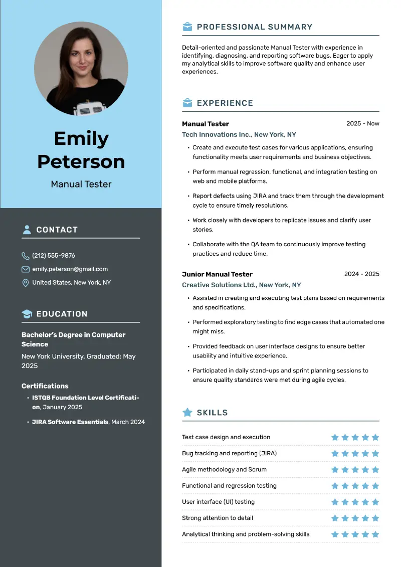 Software Tester Fresher Resume Examples for 2025