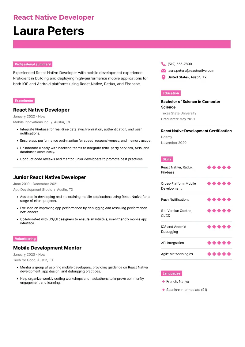React Native Developer  Resume