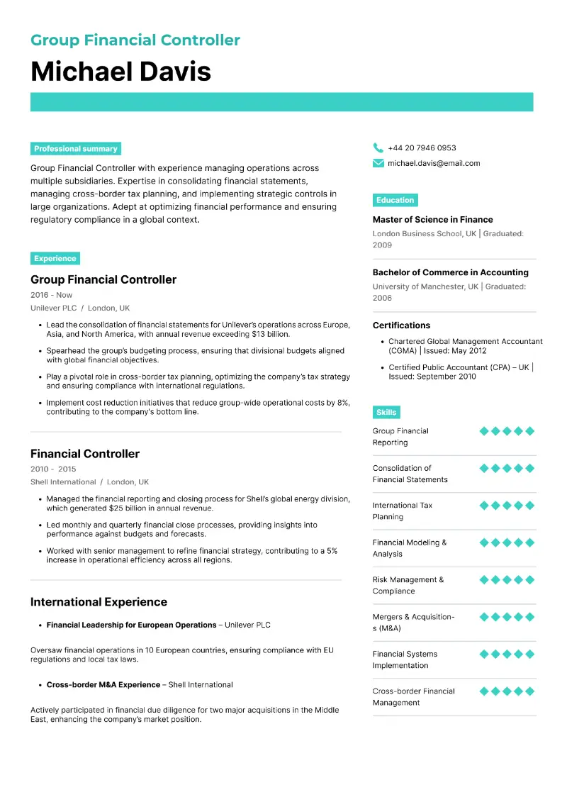 Group Financial Controller Resume