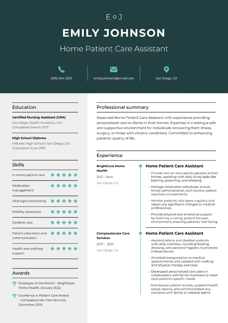 Home Patient Care Assistant Resume