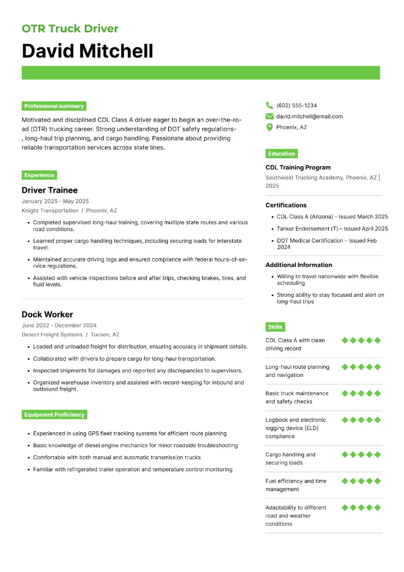 OTR Truck Driver Resume