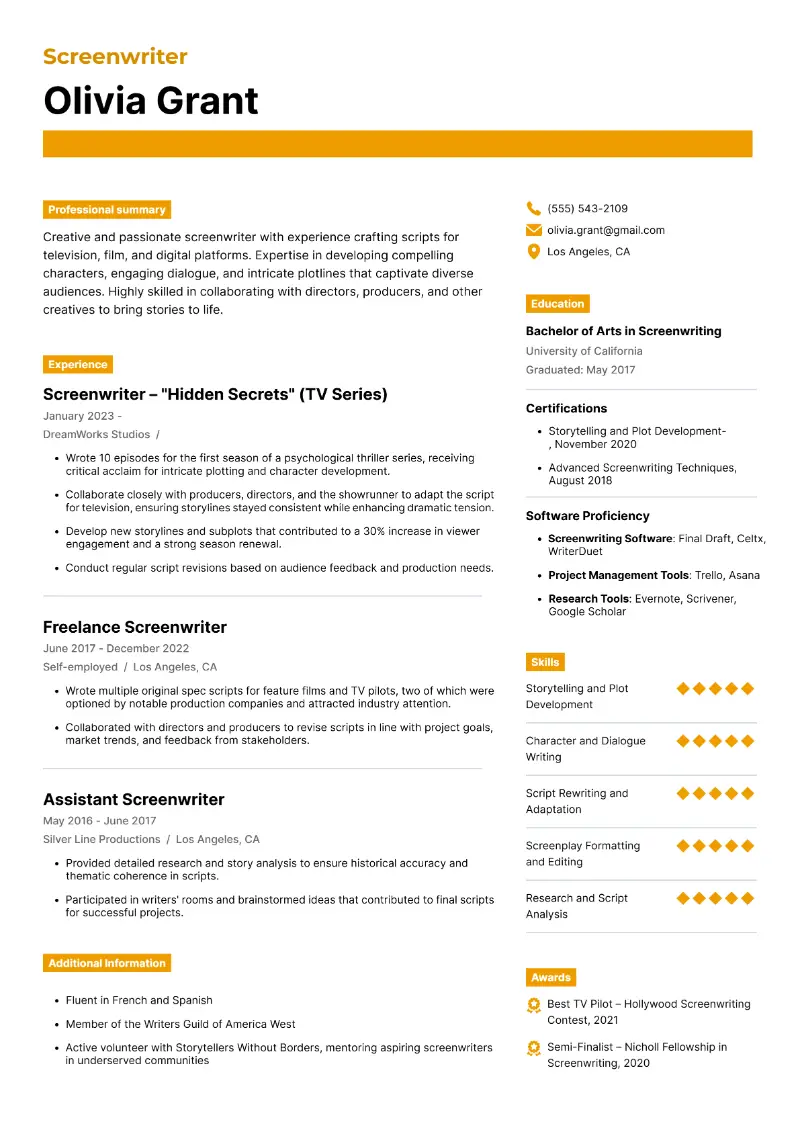 Screenwriter Resume