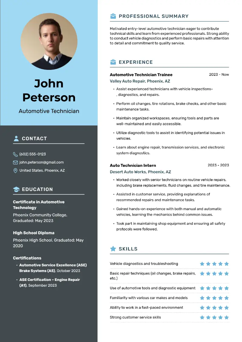 Entry-Level Automotive Technician Resume Examples for 2025