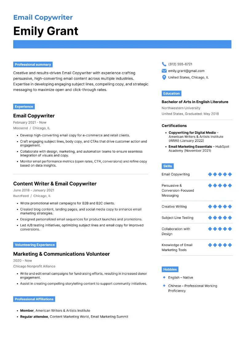 Email Copywriter  Resume
