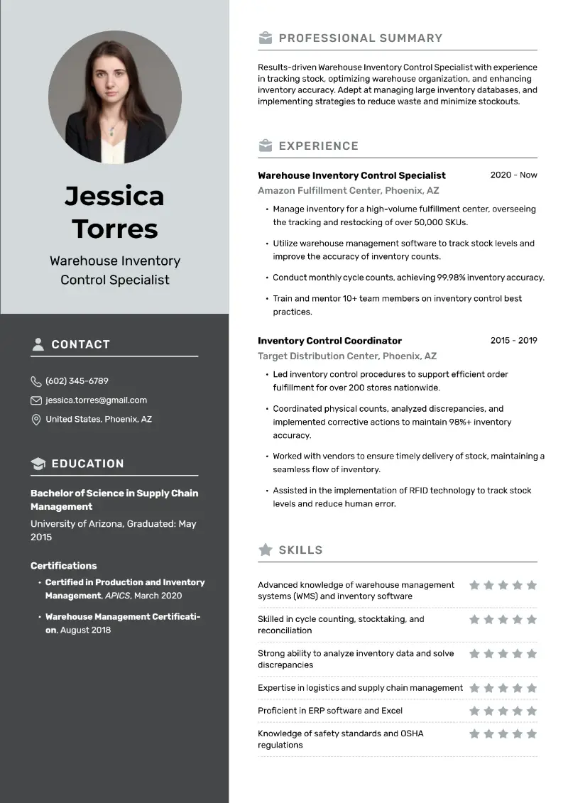 Inventory Control Specialist Resume Examples