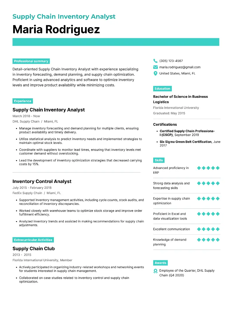 Supply Chain Inventory Analyst Resume
